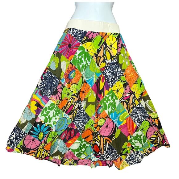VTG Mimi Maternity Patchwork Colorful Whimsy Boho Midi Skirt sz L Phoebe Buffay - Picture 1 of 8